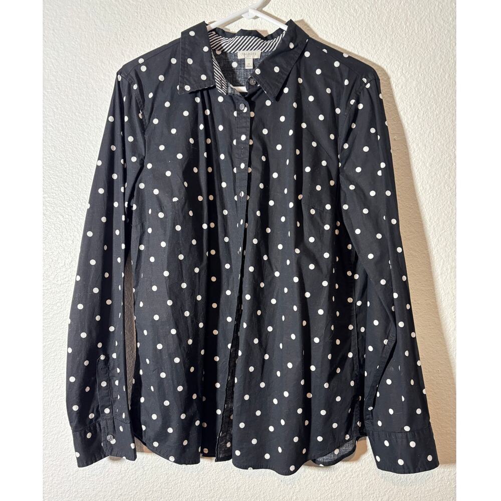 Talbots Women's Button-Up Shirt Size M Black White Polka Dot Long Sleeve